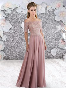 Gorgeous Floor Length Pink Prom Dresses Chiffon Short Sleeves Beading and Lace