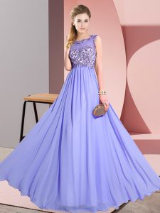 Captivating Lavender Empire Chiffon Scoop Sleeveless Beading and Appliques Floor Length Backless Bridesmaid Gown