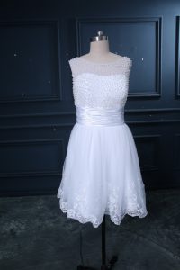 White Empire Tulle Scoop Sleeveless Beading and Lace Lace Up Wedding Gown