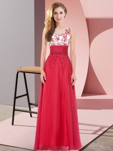 Amazing Red Empire Chiffon Scoop Sleeveless Appliques Floor Length Backless Bridesmaid Dresses