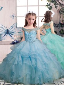 Nice Organza Scoop Sleeveless Lace Up Beading and Ruffles Little Girls Pageant Gowns in Light Blue