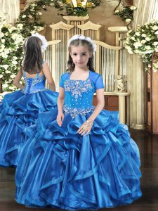 Elegant Sleeveless Organza Floor Length Lace Up Little Girl Pageant Dress in Baby Blue with Beading and Ruffles