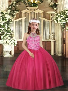 Hot Pink Sleeveless Tulle Lace Up Little Girls Pageant Dress for Party and Wedding Party