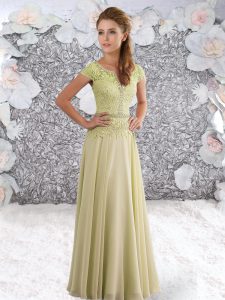 Custom Designed Yellow Short Sleeves Beading and Lace Floor Length Prom Gown