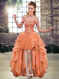 Orange Lace Up Prom Dresses Beading and Ruffles Sleeveless High Low