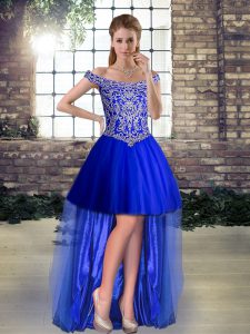 Super Royal Blue Lace Up Off The Shoulder Beading Homecoming Dress Tulle Sleeveless