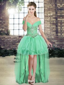 Suitable Tulle Sleeveless High Low Prom Evening Gown and Beading and Ruffles