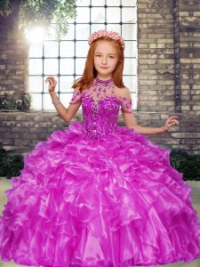Hot Sale High-neck Sleeveless Pageant Dress for Teens Floor Length Beading and Ruffles Lilac Organza