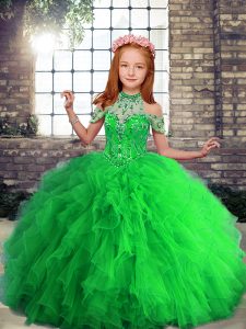 Lace Up Child Pageant Dress Beading and Ruffles Sleeveless Floor Length