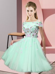 Romantic Apple Green Lace Up Off The Shoulder Appliques Court Dresses for Sweet 16 Tulle Short Sleeves