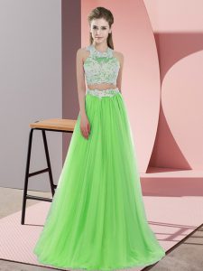 Fashionable Halter Top Sleeveless Vestidos de Damas Floor Length Lace Tulle
