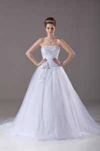 White Tulle Lace Up Sweetheart Sleeveless Wedding Gowns Brush Train Beading and Hand Made Flower