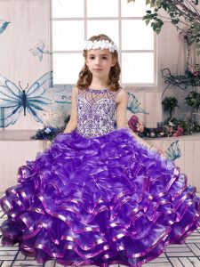 Sleeveless Organza Floor Length Lace Up Child Pageant Dress in Lavender with Beading and Ruffles