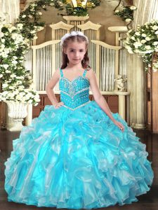 Affordable Aqua Blue Straps Neckline Beading and Ruffles Little Girl Pageant Gowns Sleeveless Lace Up