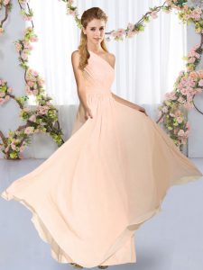 Luxurious Chiffon One Shoulder Sleeveless Lace Up Ruching Court Dresses for Sweet 16 in Peach