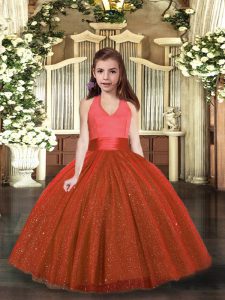Adorable Floor Length Rust Red Pageant Dress for Teens Halter Top Sleeveless Lace Up