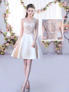 Customized Mini Length Lace Up Wedding Guest Dresses Champagne for Wedding Party with Lace and Belt