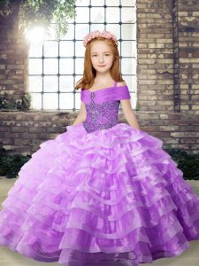 Best Sleeveless Brush Train Beading and Ruffled Layers Lace Up Girls Pageant Dresses