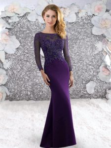 Column/Sheath Long Sleeves Purple Prom Dress Sweep Train Zipper