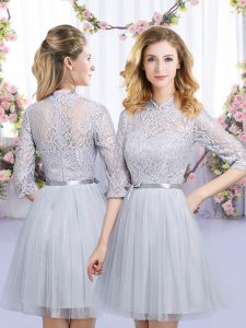 Dramatic Grey Half Sleeves Tulle Zipper Wedding Party Dress for Wedding Party