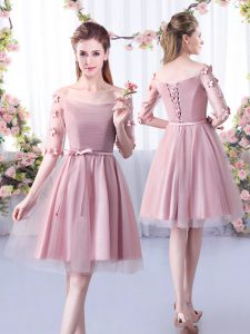 Pretty Pink Damas Dress Wedding Party with Belt Off The Shoulder Half Sleeves Lace Up