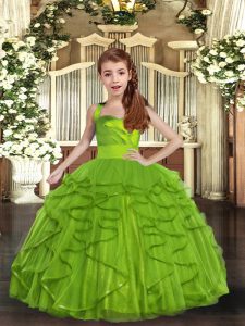 Olive Green Ball Gowns Tulle Straps Sleeveless Ruffles Floor Length Lace Up Glitz Pageant Dress