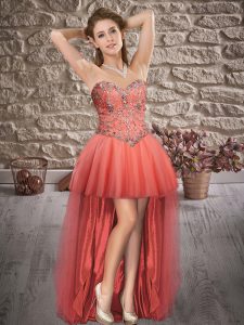 Chic Orange Red A-line Sweetheart Sleeveless Tulle High Low Lace Up Beading Evening Dress