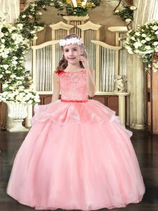 Baby Pink Ball Gowns Scoop Sleeveless Organza Floor Length Zipper Beading Winning Pageant Gowns
