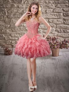 Chic Mini Length Lace Up Watermelon Red for Prom and Party with Beading and Ruffles