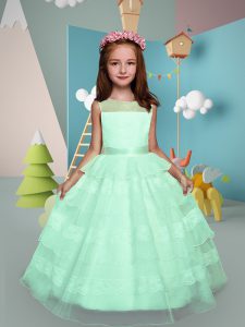 Dazzling Apple Green Scoop Zipper Lace and Ruffled Layers Flower Girl Dresses Sleeveless