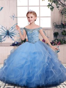 Hot Sale Blue Sleeveless Beading and Ruffles Floor Length Pageant Dress for Womens