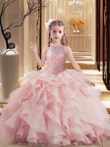 Pink Girls Pageant Dresses Party and Sweet 16 and Wedding Party with Beading and Ruffles Scoop Sleeveless Lace Up