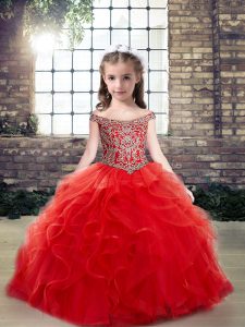 Graceful Floor Length Red Pageant Gowns For Girls Off The Shoulder Sleeveless Lace Up