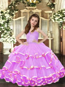 Floor Length Lavender Girls Pageant Dresses Straps Sleeveless Lace Up