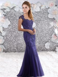 Lovely Floor Length Purple Tulle Cap Sleeves Appliques