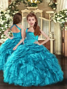 Baby Blue Ball Gowns Ruffles and Ruching Little Girl Pageant Dress Lace Up Organza Sleeveless Floor Length