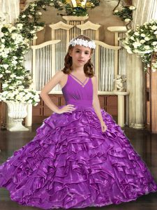 Purple Kids Formal Wear For with Ruffles and Ruching V-neck Sleeveless Zipper