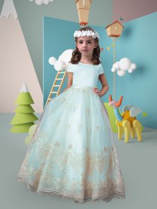 Inexpensive Apple Green A-line Scoop Short Sleeves Tulle Floor Length Lace Up Lace Flower Girl Dress