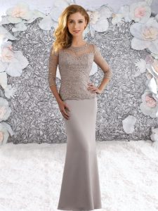 On Sale Grey Column/Sheath Satin Scoop Half Sleeves Lace Floor Length Zipper Prom Dresses