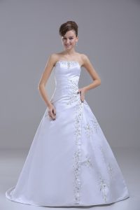 White Strapless Lace Up Beading Wedding Gowns Brush Train Sleeveless