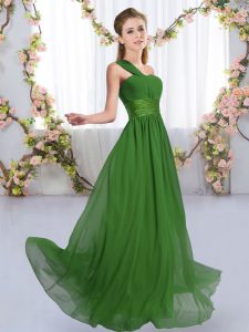 Green Chiffon Lace Up Vestidos de Damas Sleeveless Floor Length Ruching