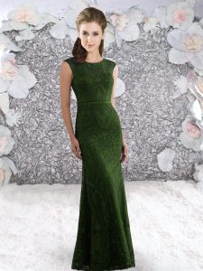 Super Scoop Sleeveless Prom Party Dress Floor Length Lace and Belt Olive Green Lace