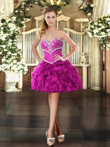 Fuchsia Ball Gowns Sweetheart Sleeveless Organza Mini Length Lace Up Beading and Ruffles Prom Party Dress