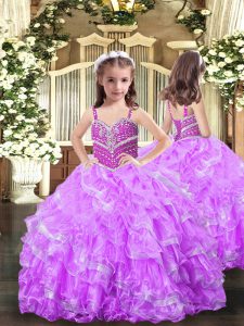 Stunning Ball Gowns Pageant Dress for Womens Lilac Straps Organza Sleeveless Floor Length Lace Up