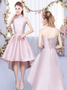 Stunning Baby Pink Bridesmaid Dresses Wedding Party with Ruching Halter Top Sleeveless Lace Up