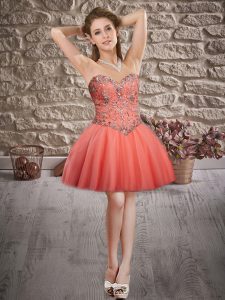 Sweetheart Sleeveless Prom Dress Mini Length Beading Orange Red Tulle