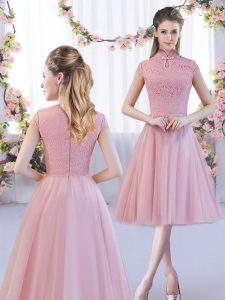Pink Tulle Zipper High-neck Cap Sleeves Tea Length Bridesmaids Dress Lace