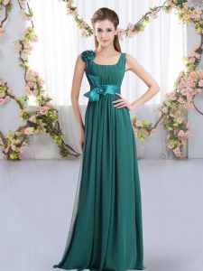 Fitting Floor Length Zipper Bridesmaid Dress Peacock Green for Wedding Party with Belt and Hand Made Flower