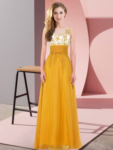 Super Chiffon Scoop Sleeveless Backless Appliques Court Dresses for Sweet 16 in Gold