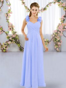 Suitable Floor Length Lavender Bridesmaid Gown Straps Sleeveless Lace Up